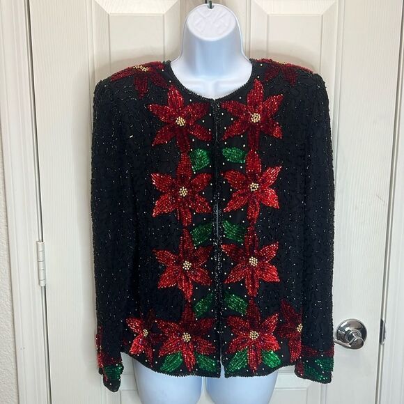 Scala Silk Black Jacket Size Small Sequin Beaded Floral Poinsettia Christmas - Picture 1 of 10